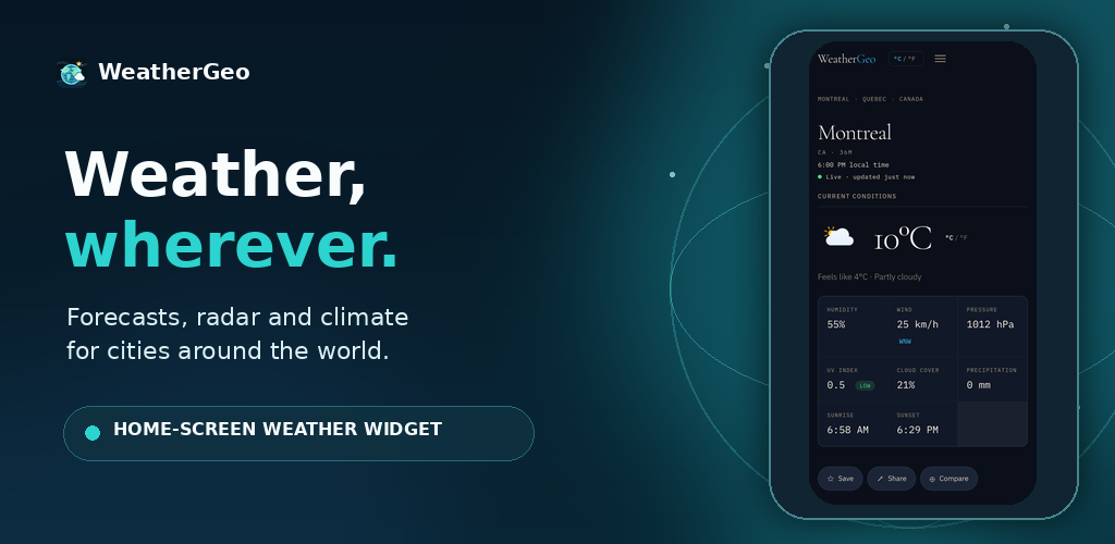 WeatherGeo city weather screen with a home-screen widget callout