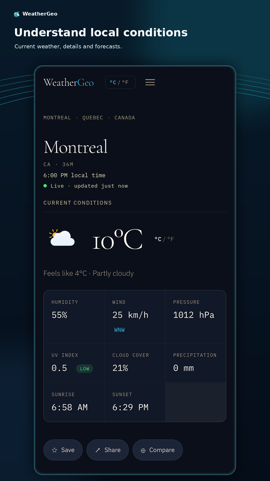 WeatherGeo Android screen showing current weather details for Montreal